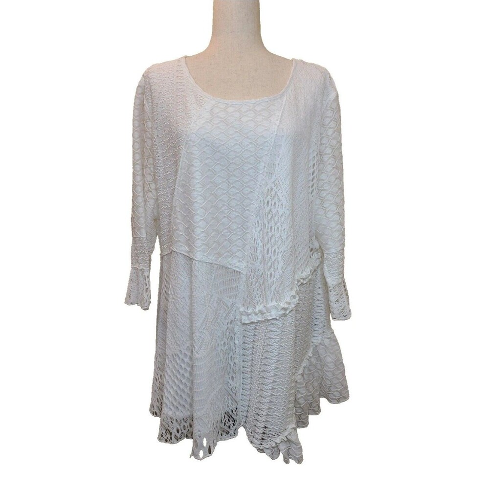 Caleooa Women's White Lace Tunic Blouse Sz 2x Long Sleeve Lagenlook Fairy Boho